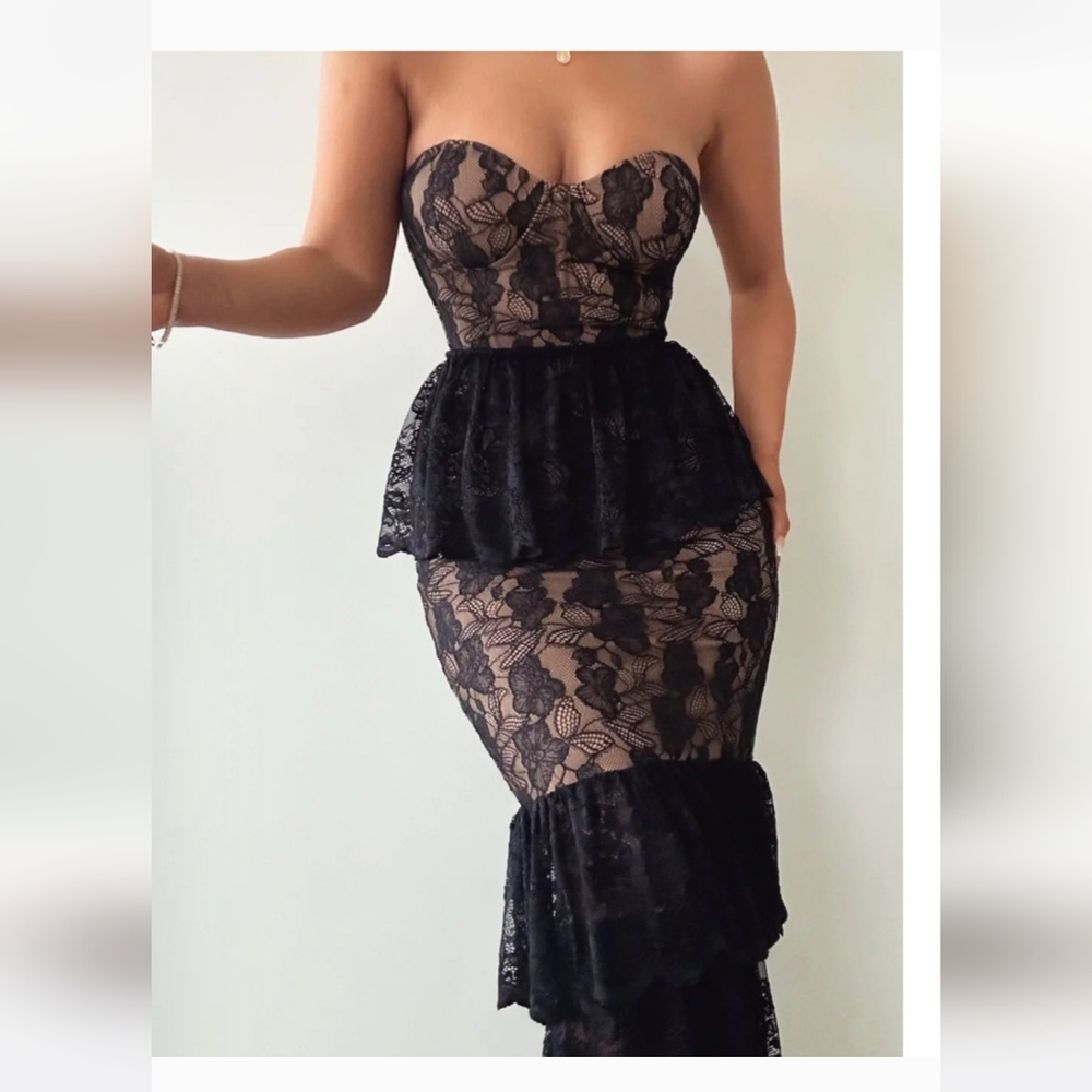 JLUXLABEL Black Strapless Lace Peplum Dress